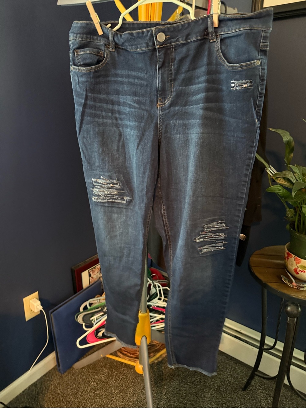 Avenue Women's Boyfriend Jeans - Dark Blue Distressed